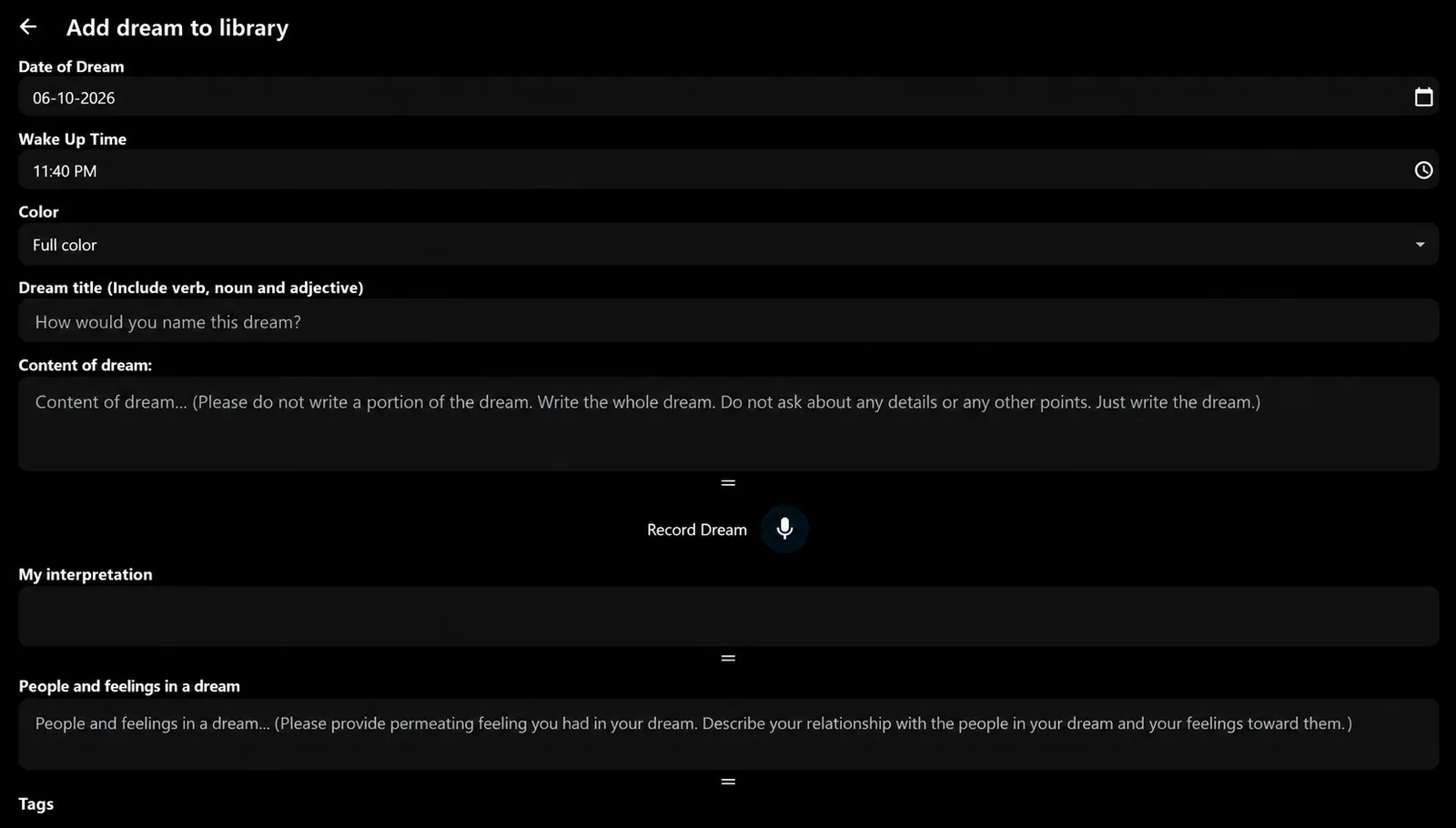 DreamAI na Windows: Dodawanie snu z tagami